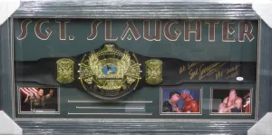 American Professional Wrestler Seargent Slaughter Hand Signed Autographed WWE Heavyweight Champion Belt with HOF "2004" Inscription Framed & SGT. SLAUGHTER Matted with COA