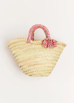 Annie Floral Print Bow Detail Straw Bag in Pink (S-M)