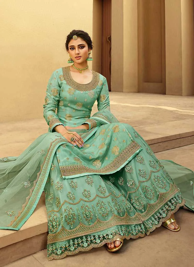 Aqua Heavy Embroidered Designer Palazzo Style Suit