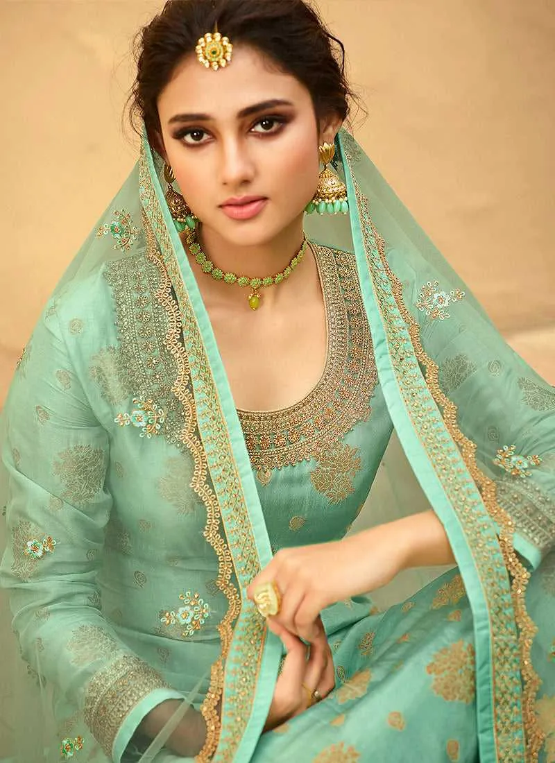 Aqua Heavy Embroidered Designer Palazzo Style Suit