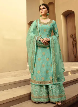 Aqua Heavy Embroidered Designer Palazzo Style Suit