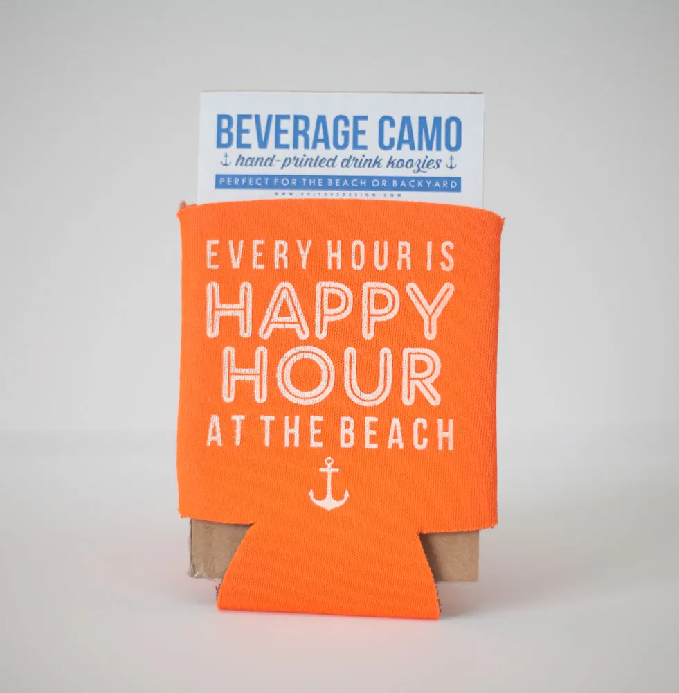 beach can coolie, every hour is happy hour at the beach can koozie, beach drink holder, jersey shore gift, beach beverage holder, bachelorette party favor