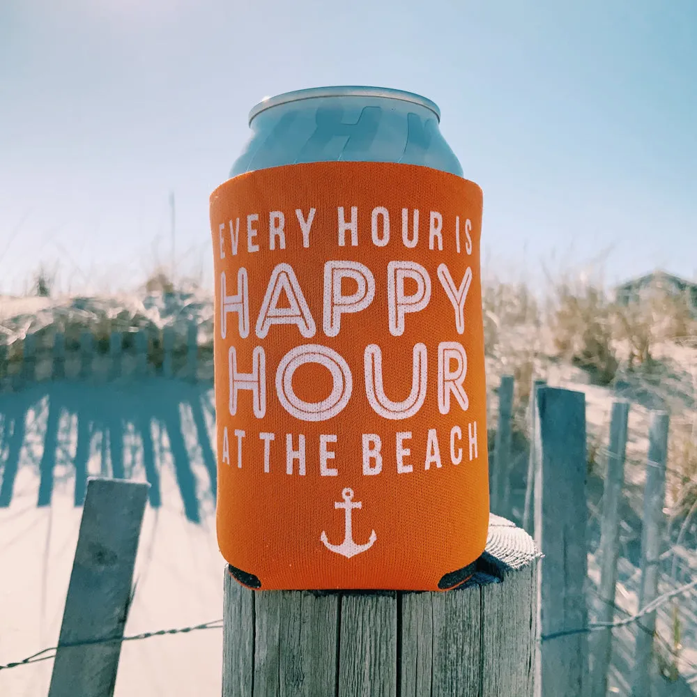 beach can coolie, every hour is happy hour at the beach can koozie, beach drink holder, jersey shore gift, beach beverage holder, bachelorette party favor