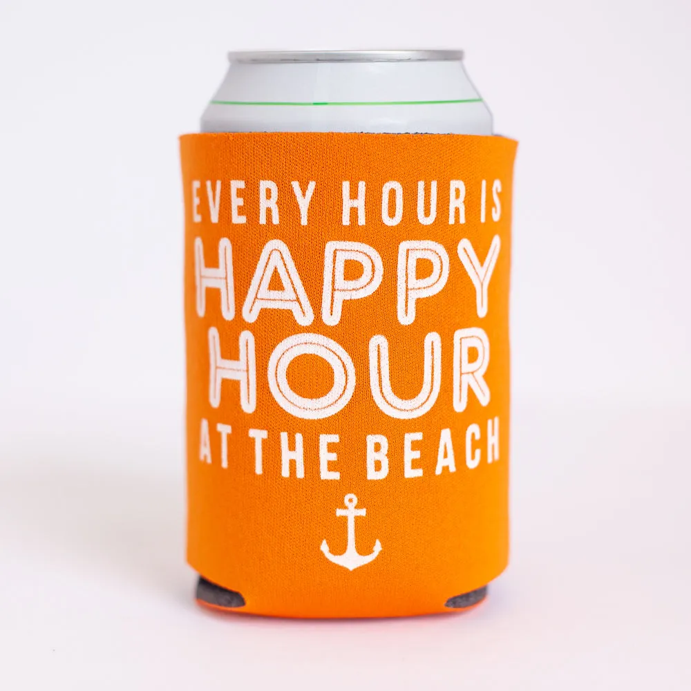 beach can coolie, every hour is happy hour at the beach can koozie, beach drink holder, jersey shore gift, beach beverage holder, bachelorette party favor