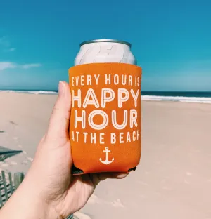 beach can coolie, every hour is happy hour at the beach can koozie, beach drink holder, jersey shore gift, beach beverage holder, bachelorette party favor