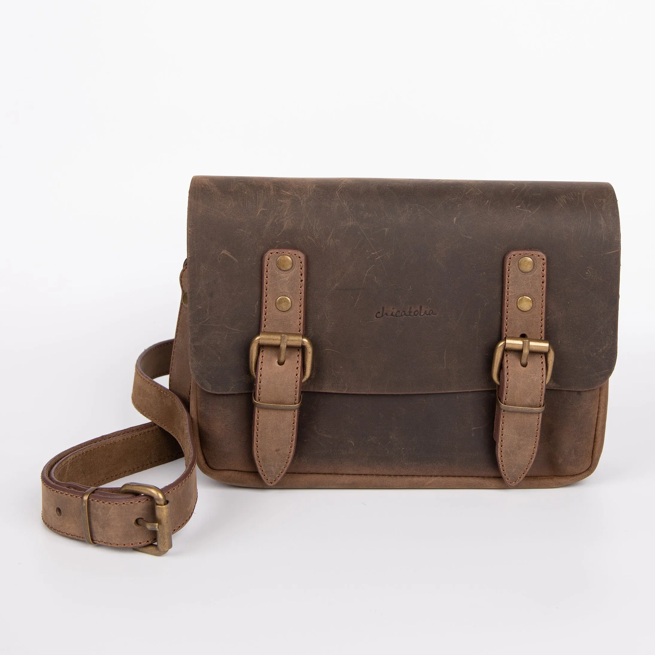 Belt Strap Crossbody Shoulder Bag, Crazy Horse Leather - Brown