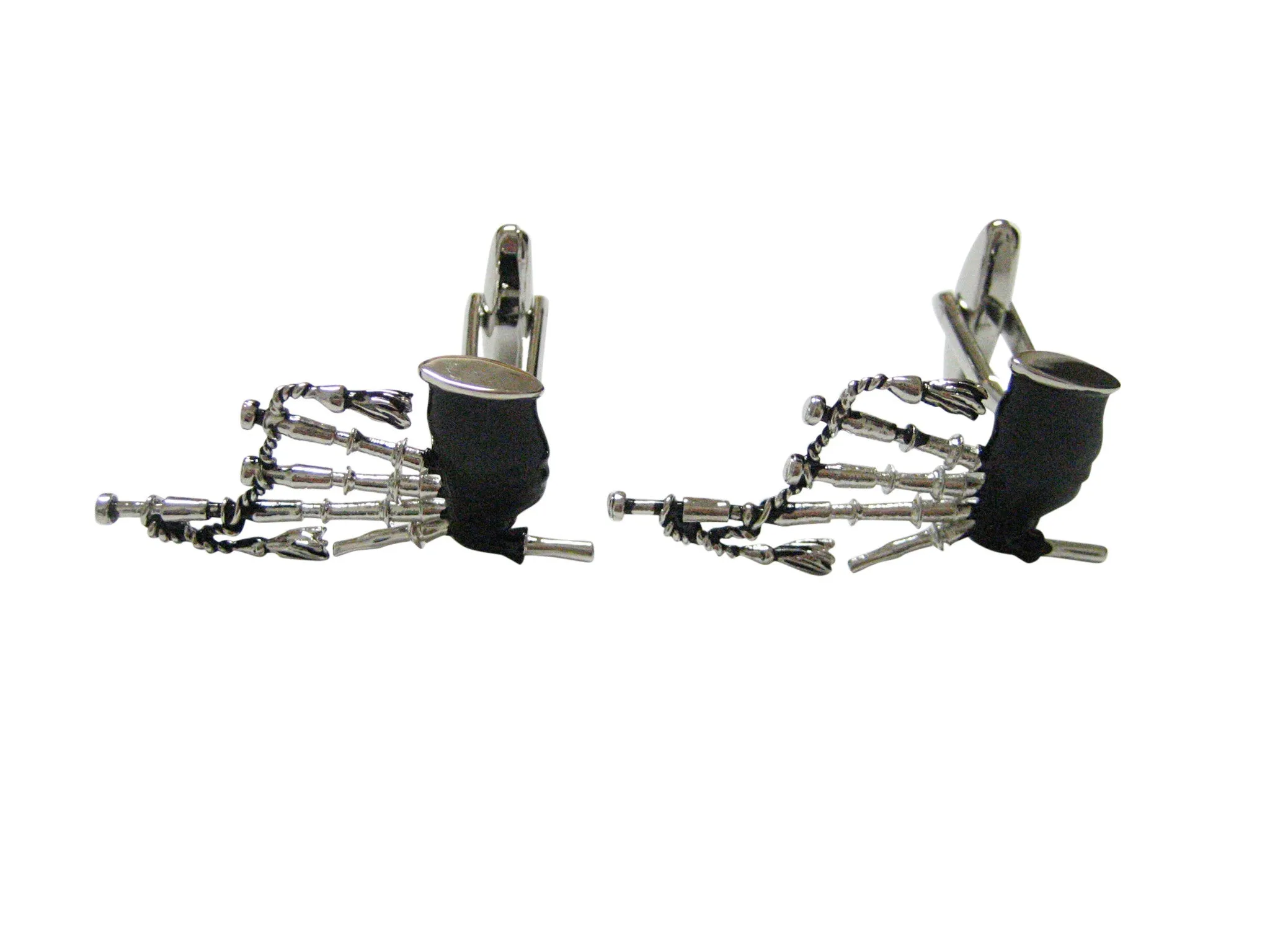 Black and Silver Toned Scottish Bag Pipes Music Instrument Cufflinks