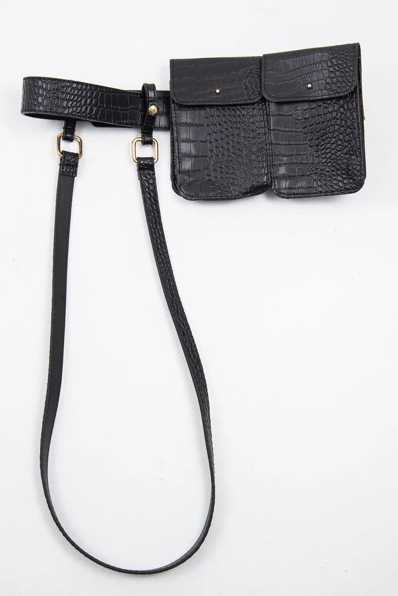 Black Faux Croc Double Pouch Belt Bag - Raffaela