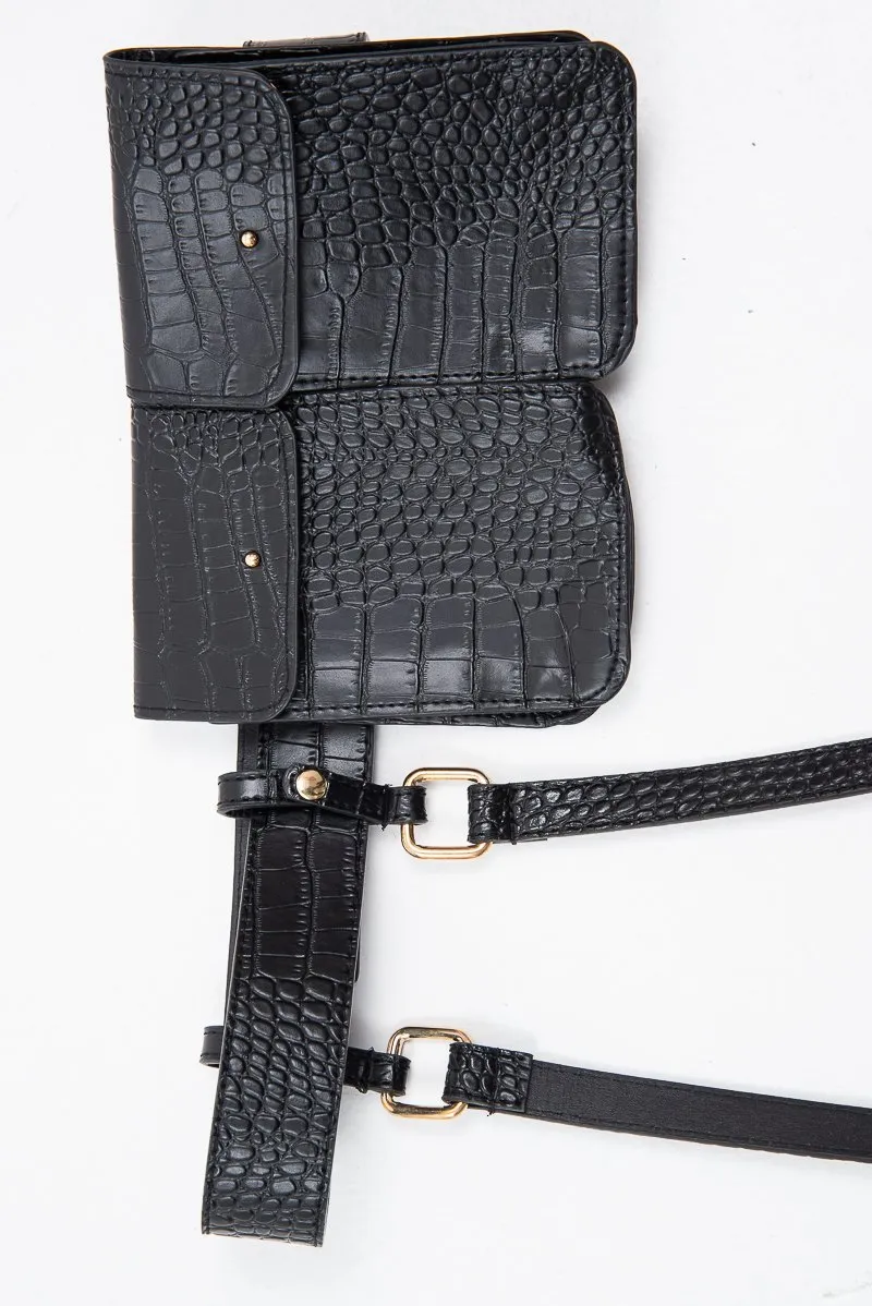 Black Faux Croc Double Pouch Belt Bag - Raffaela