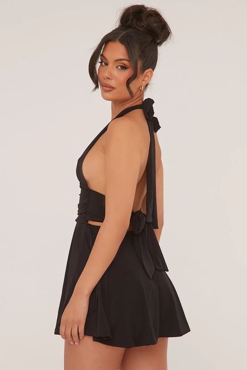 Black Halter Plunge Neck Mini Dress - Pippa