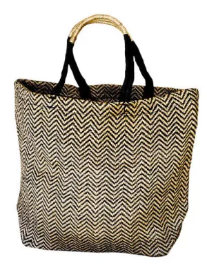 Black Herringbone Jute Shopper