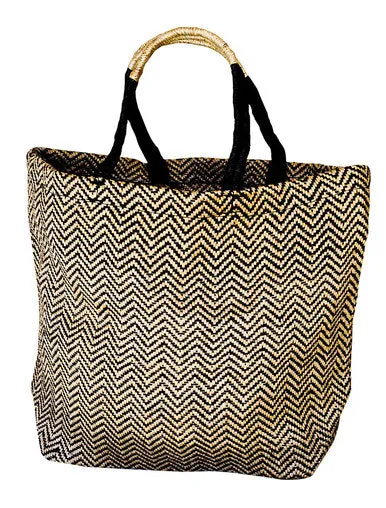 Black Herringbone Jute Shopper