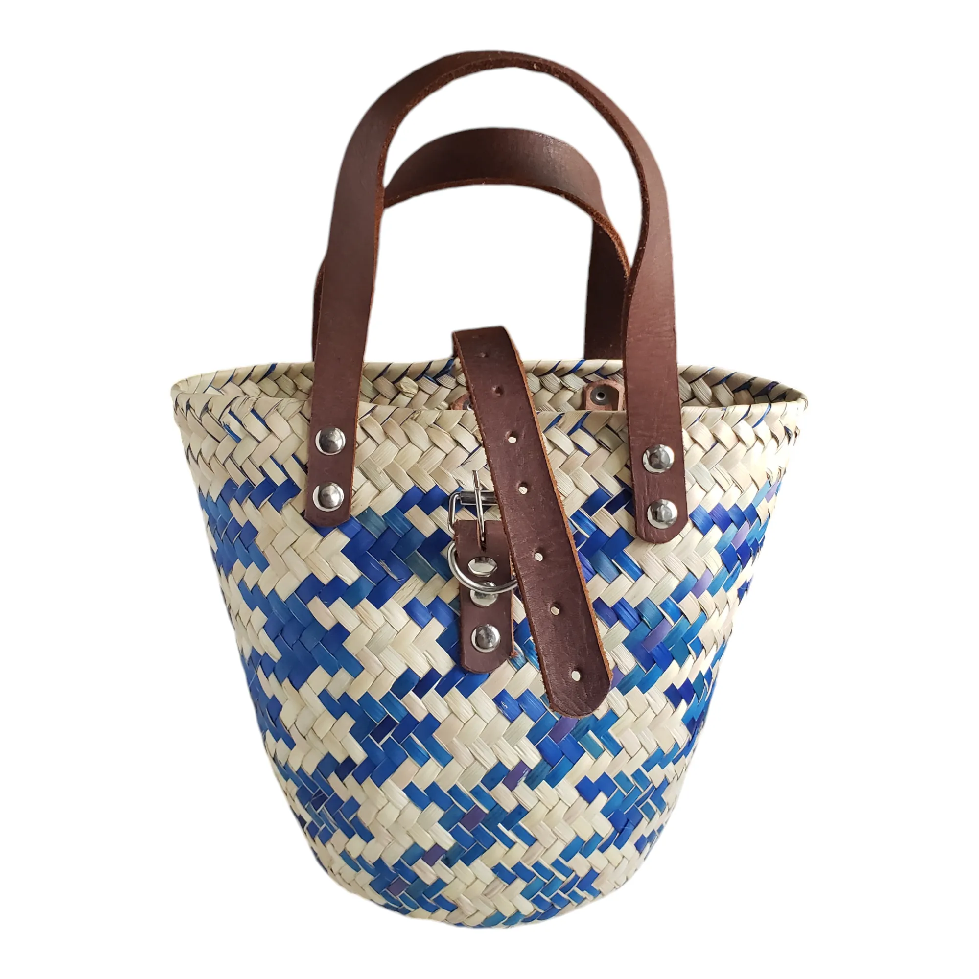 Blue Medium Oaxacan Palm Basket Bag with Leather Strap from Mexico
