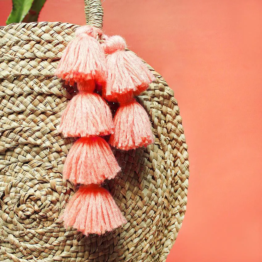 Brunna Luna Bag - Round Straw Tote Bag with Pink Tassels