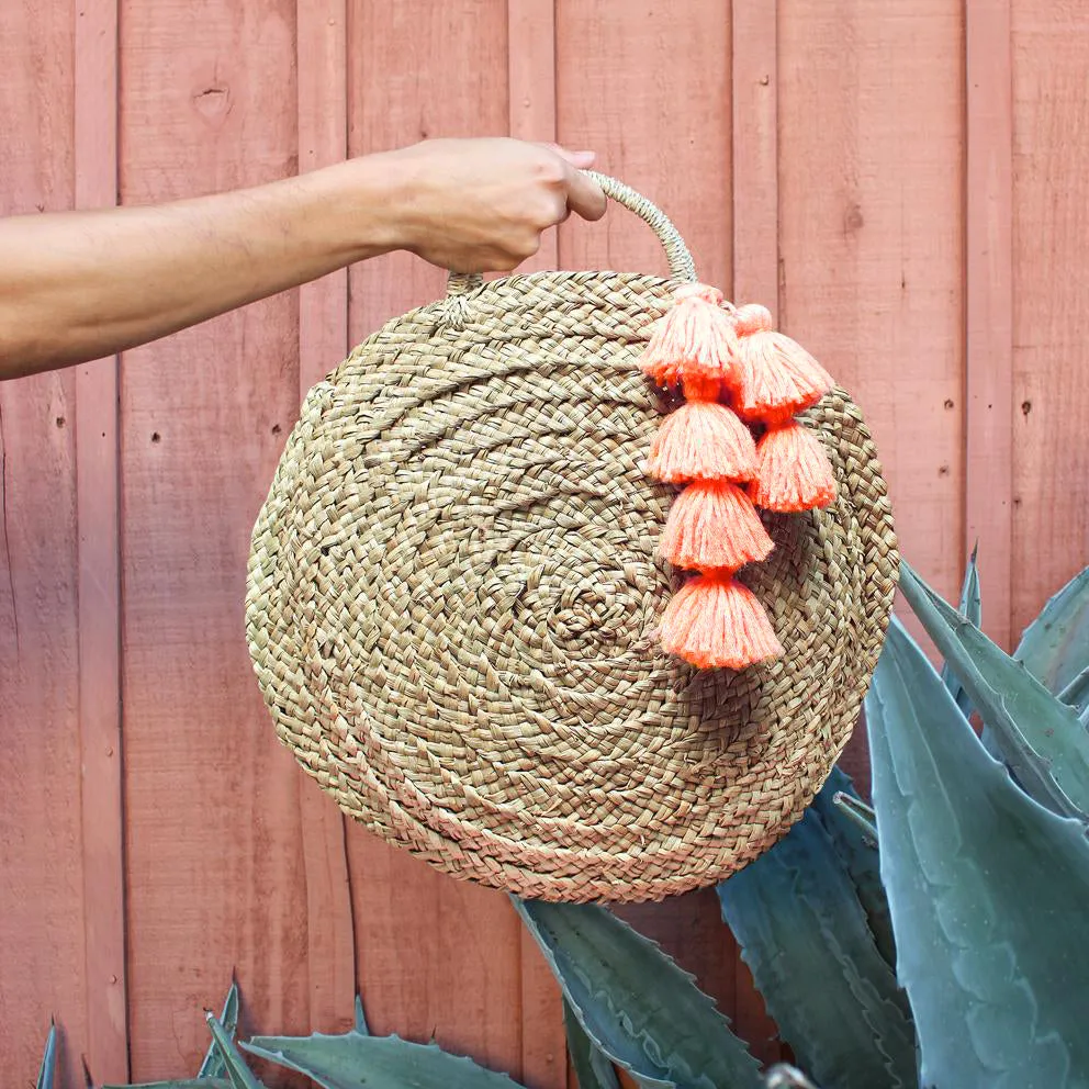 Brunna Luna Bag - Round Straw Tote Bag with Pink Tassels