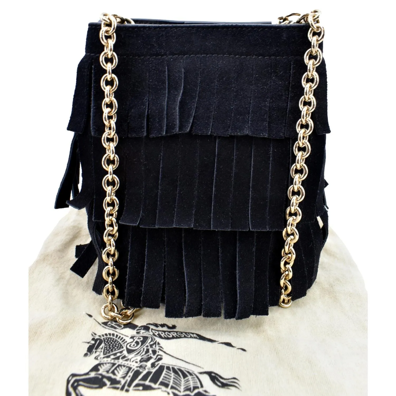BURBERRY Mini Fringe Suede Crossbody Bucket Bag Black