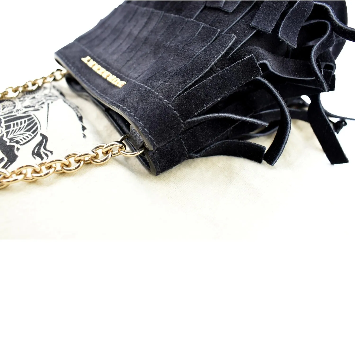 BURBERRY Mini Fringe Suede Crossbody Bucket Bag Black