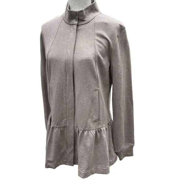 Cabi 3543 Weekend Topper French Terry Peplum Zip Jacket Fossil Tan Womens Small