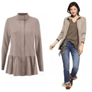 Cabi 3543 Weekend Topper French Terry Peplum Zip Jacket Fossil Tan Womens Small