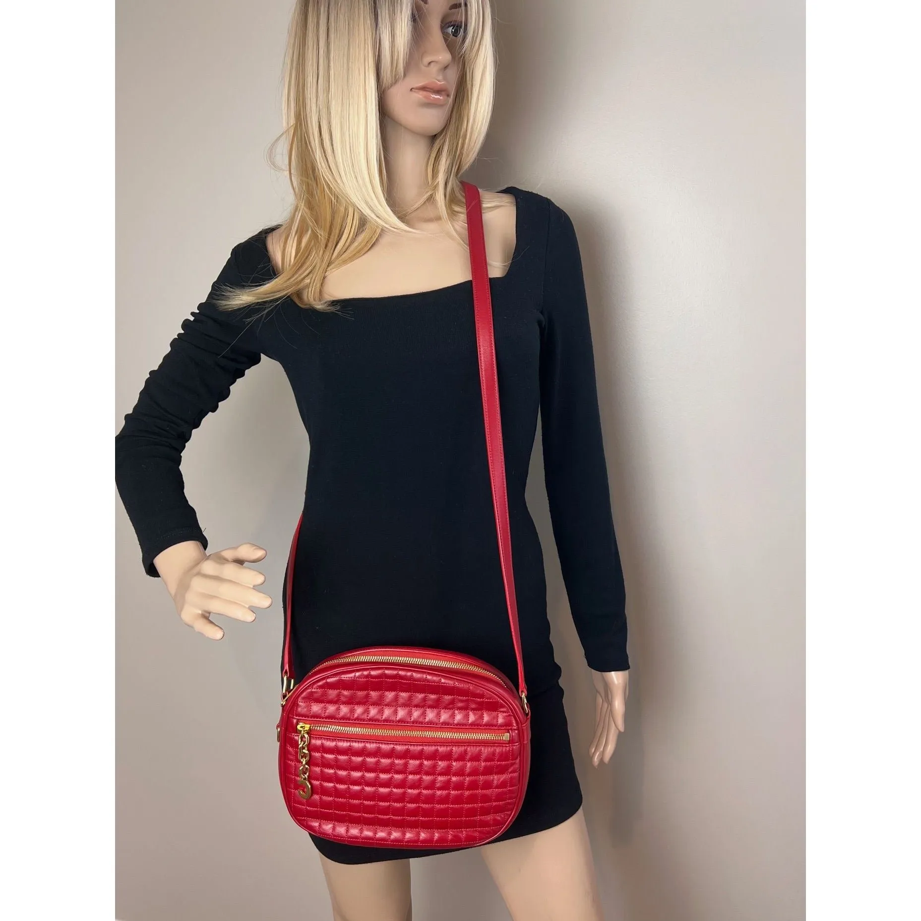 Celine Quilted Calfskin Medium C Charm Red Crossbody Bag