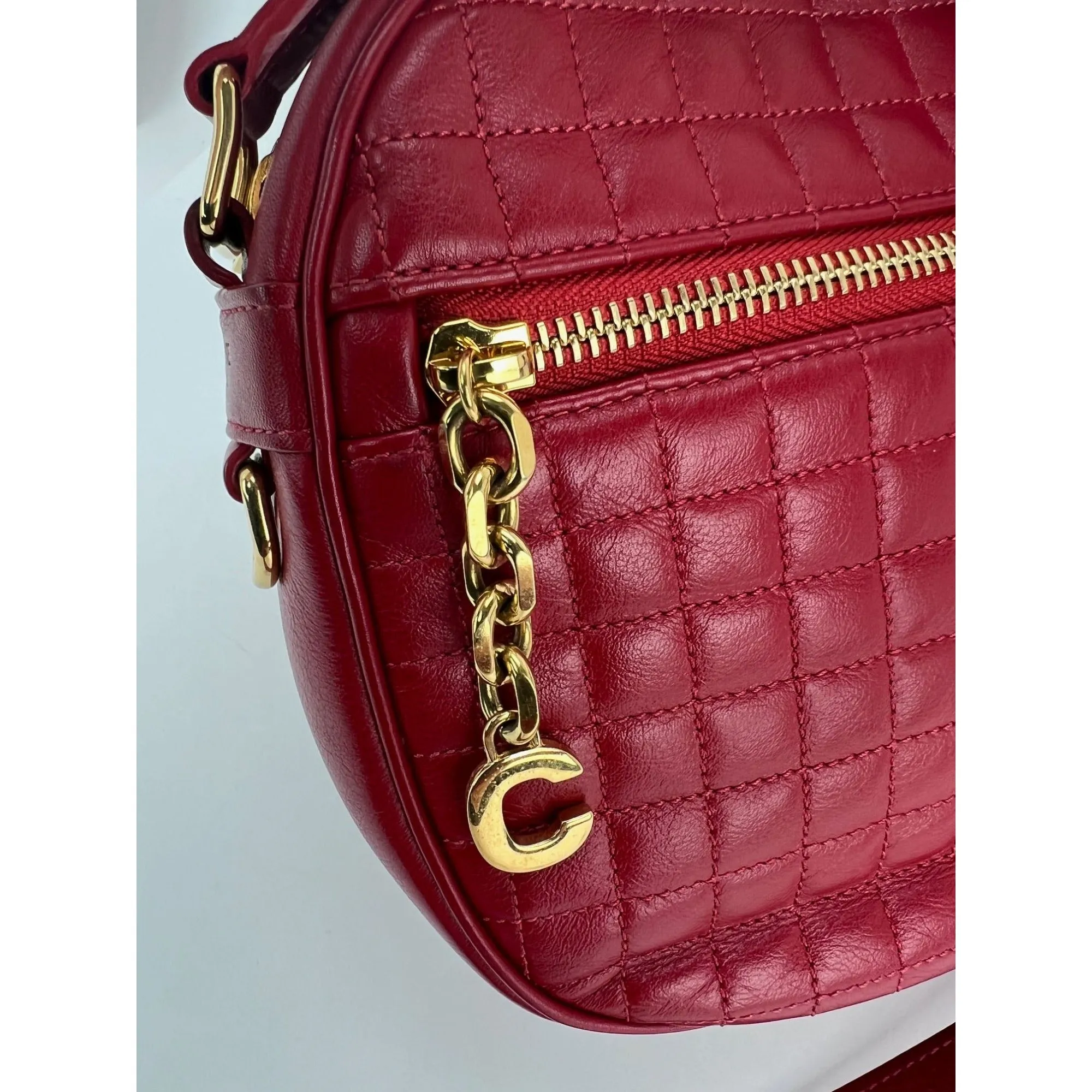 Celine Quilted Calfskin Medium C Charm Red Crossbody Bag