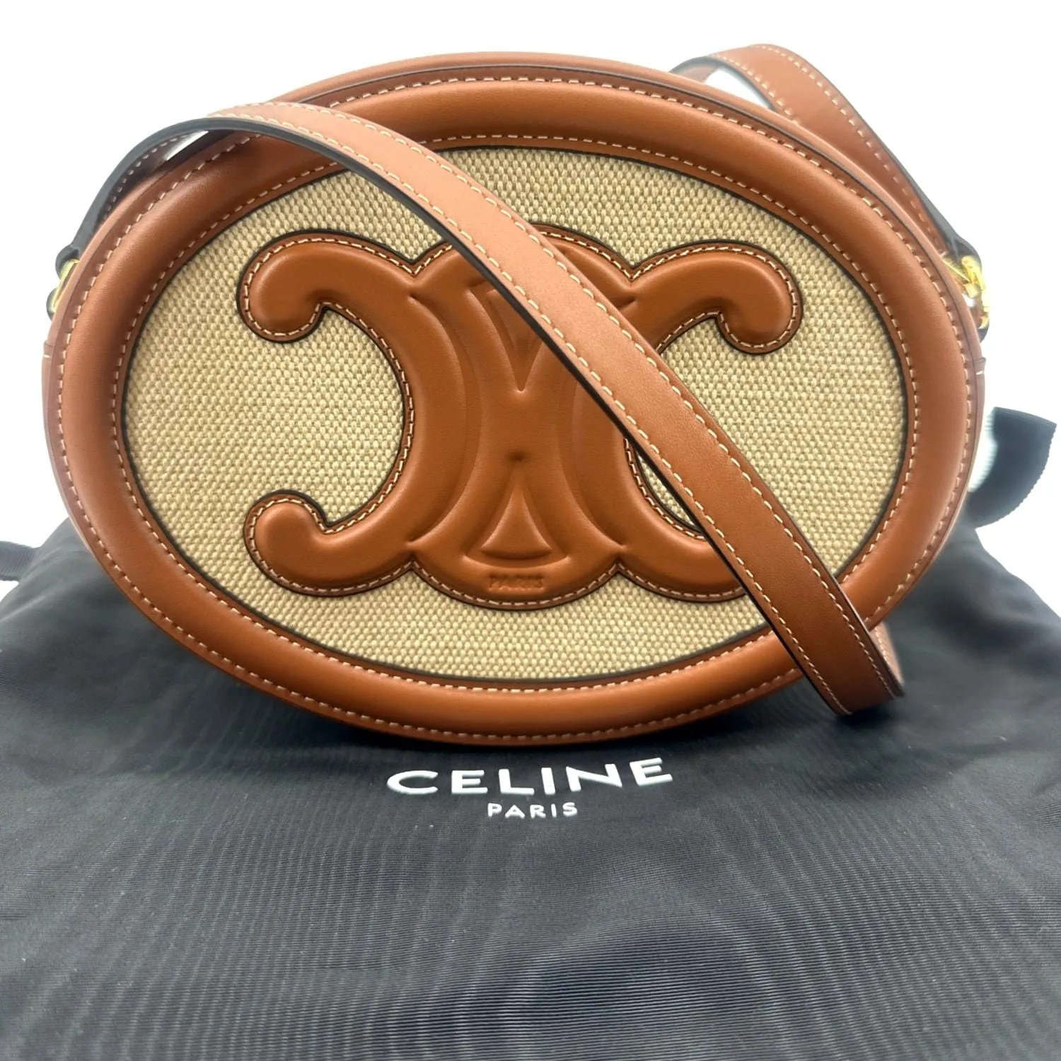 CELINE Triomphe Oval Calfskin Leather Shoulder Bag Tan