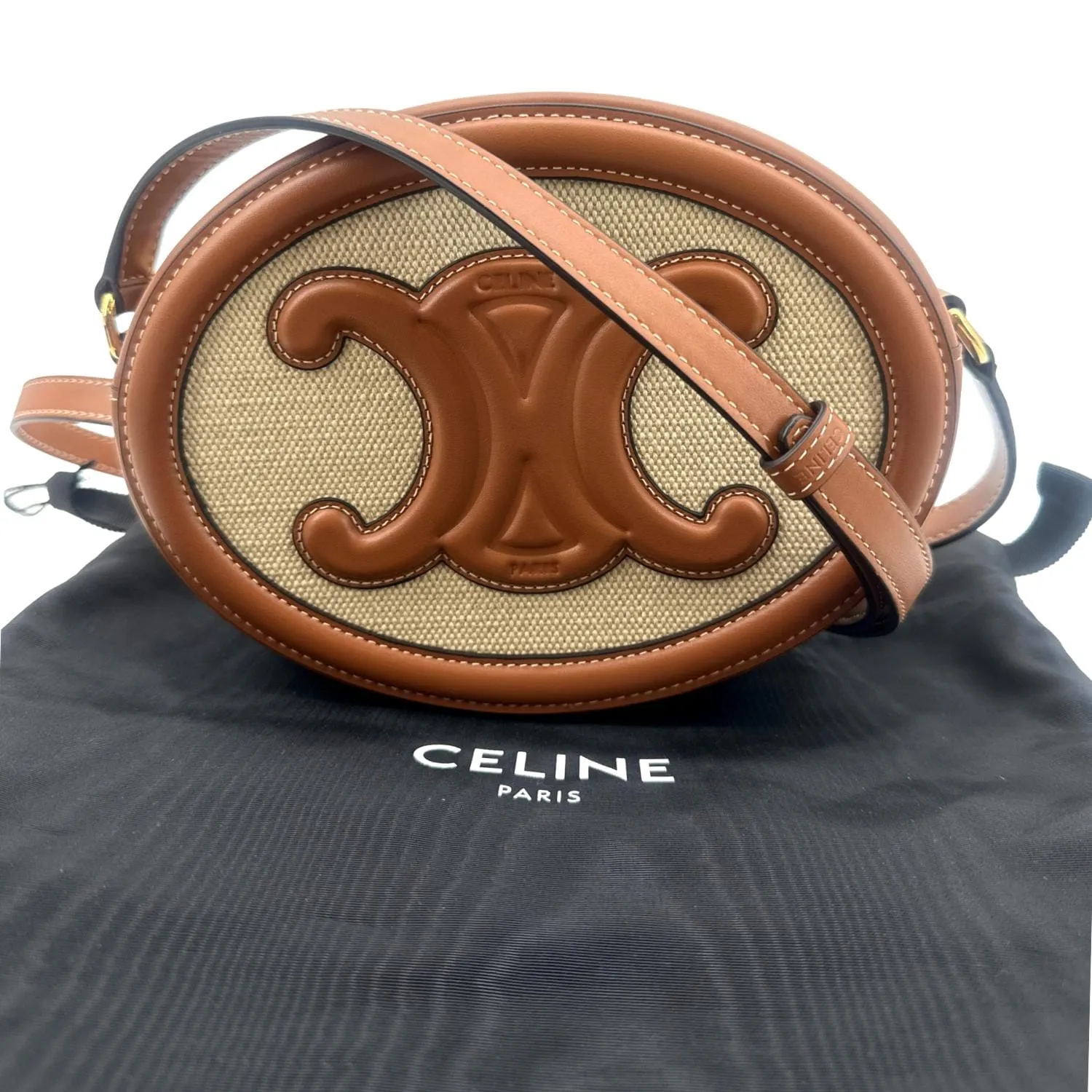 CELINE Triomphe Oval Calfskin Leather Shoulder Bag Tan