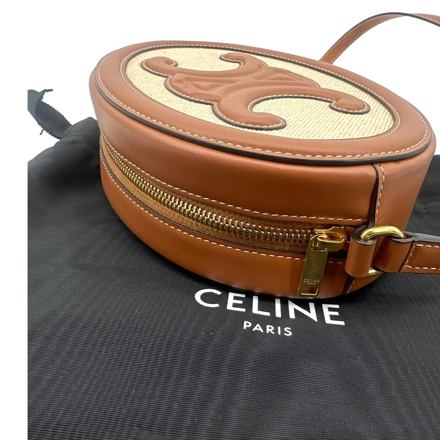 CELINE Triomphe Oval Calfskin Leather Shoulder Bag Tan