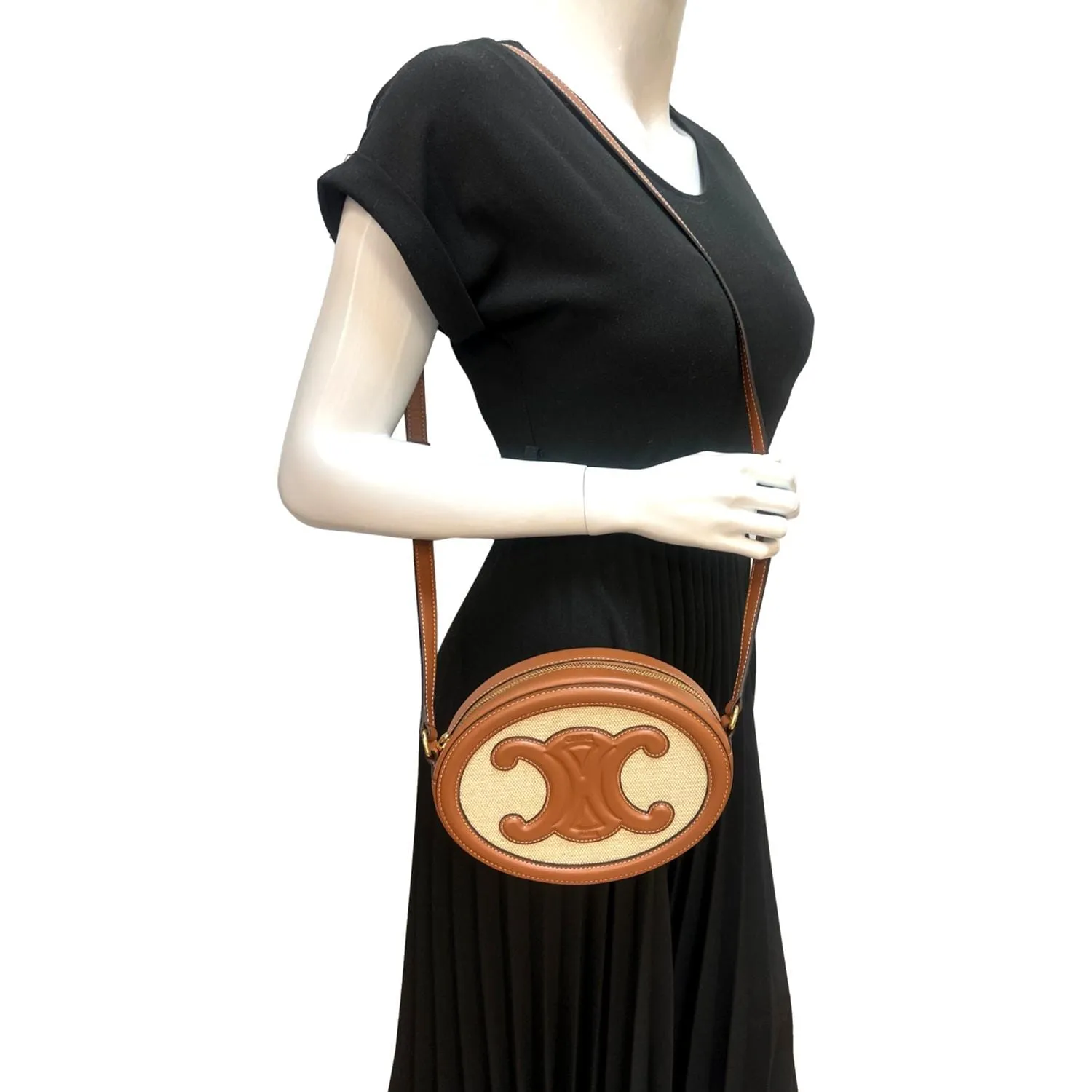 CELINE Triomphe Oval Calfskin Leather Shoulder Bag Tan