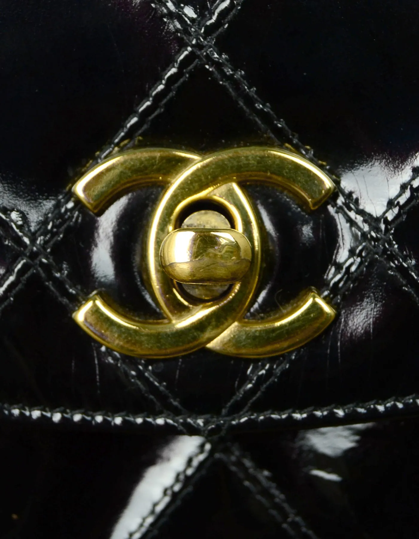 Chanel Black Patent Leather Quilted CC Twist-lock Leather Laced Belt Bag