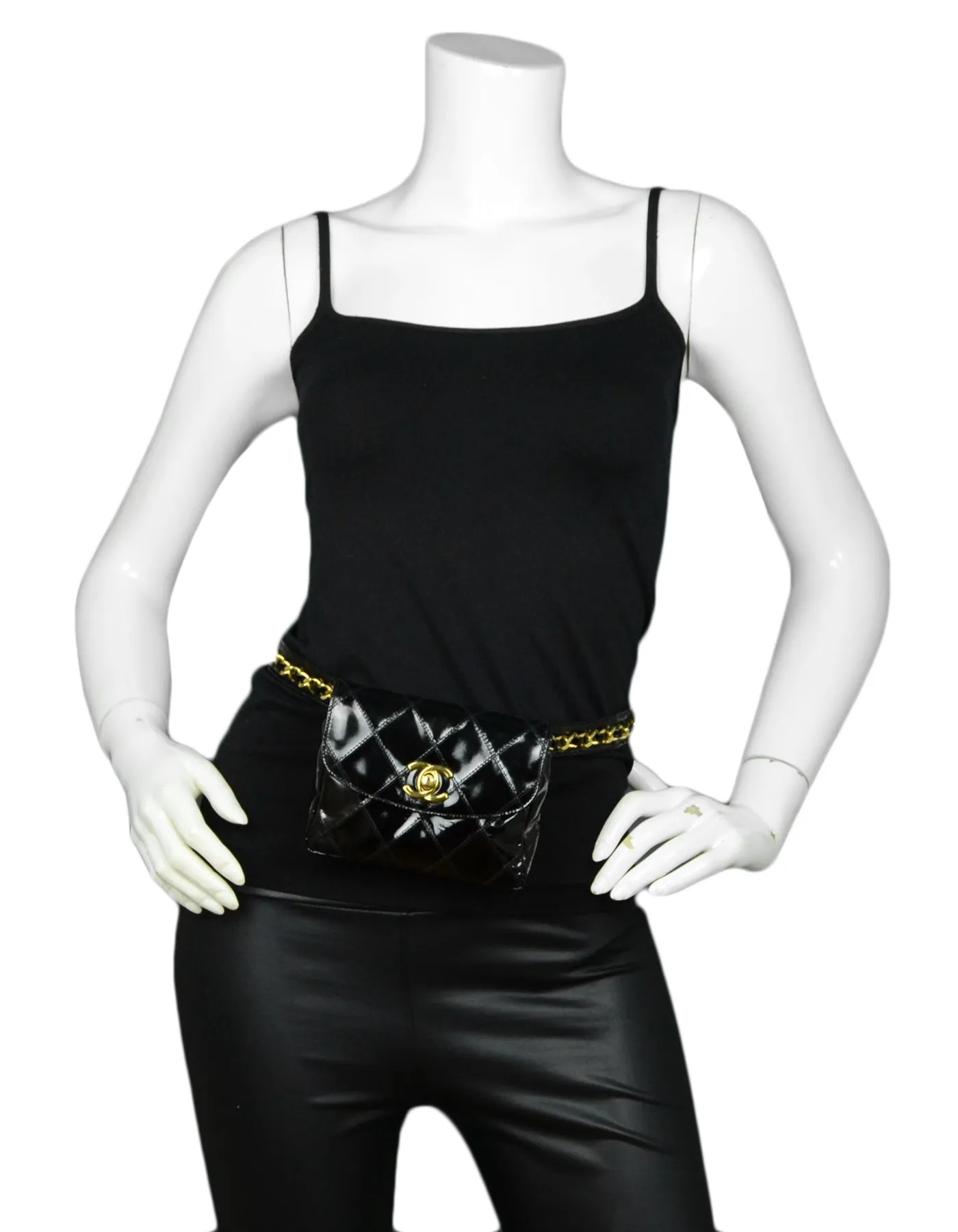 Chanel Black Patent Leather Quilted CC Twist-lock Leather Laced Belt Bag