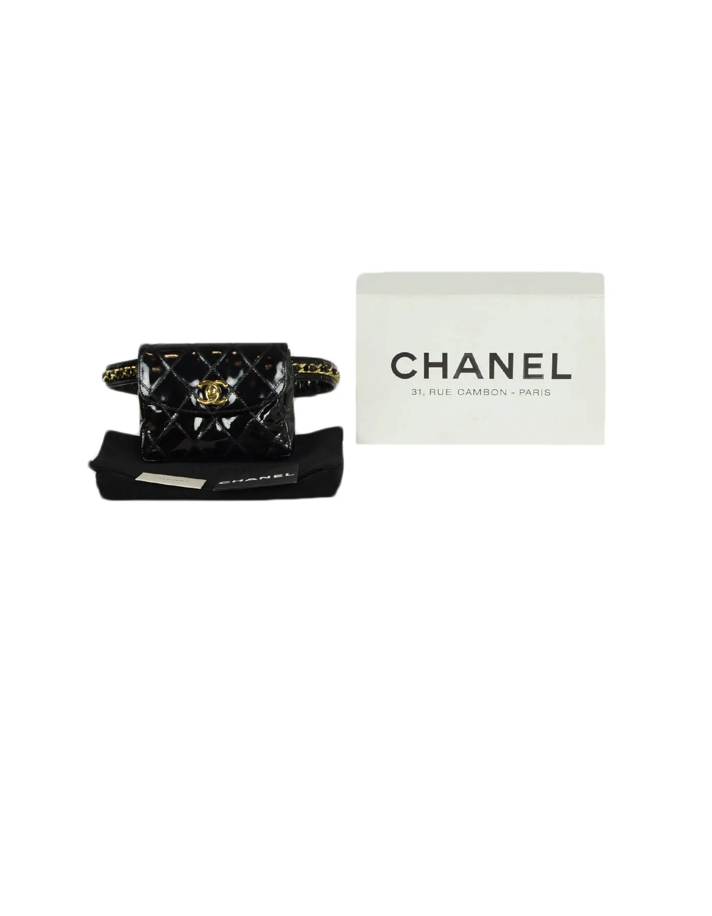 Chanel Black Patent Leather Quilted CC Twist-lock Leather Laced Belt Bag