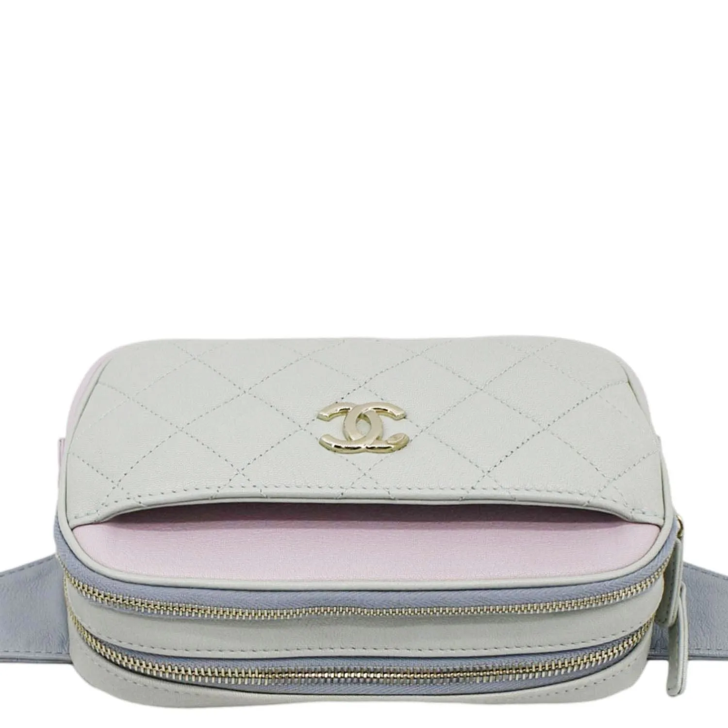 CHANEL CC Double Zip Quilted Leather Tri-Color Belt Bag Pink