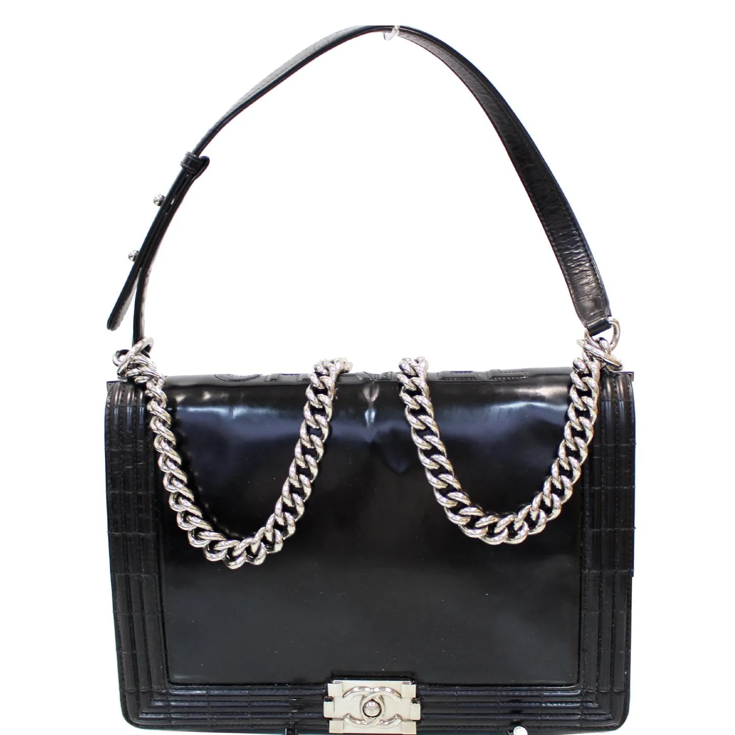 CHANEL Large Boy Glazed Calfskin Leather Shoulder Bag Black
