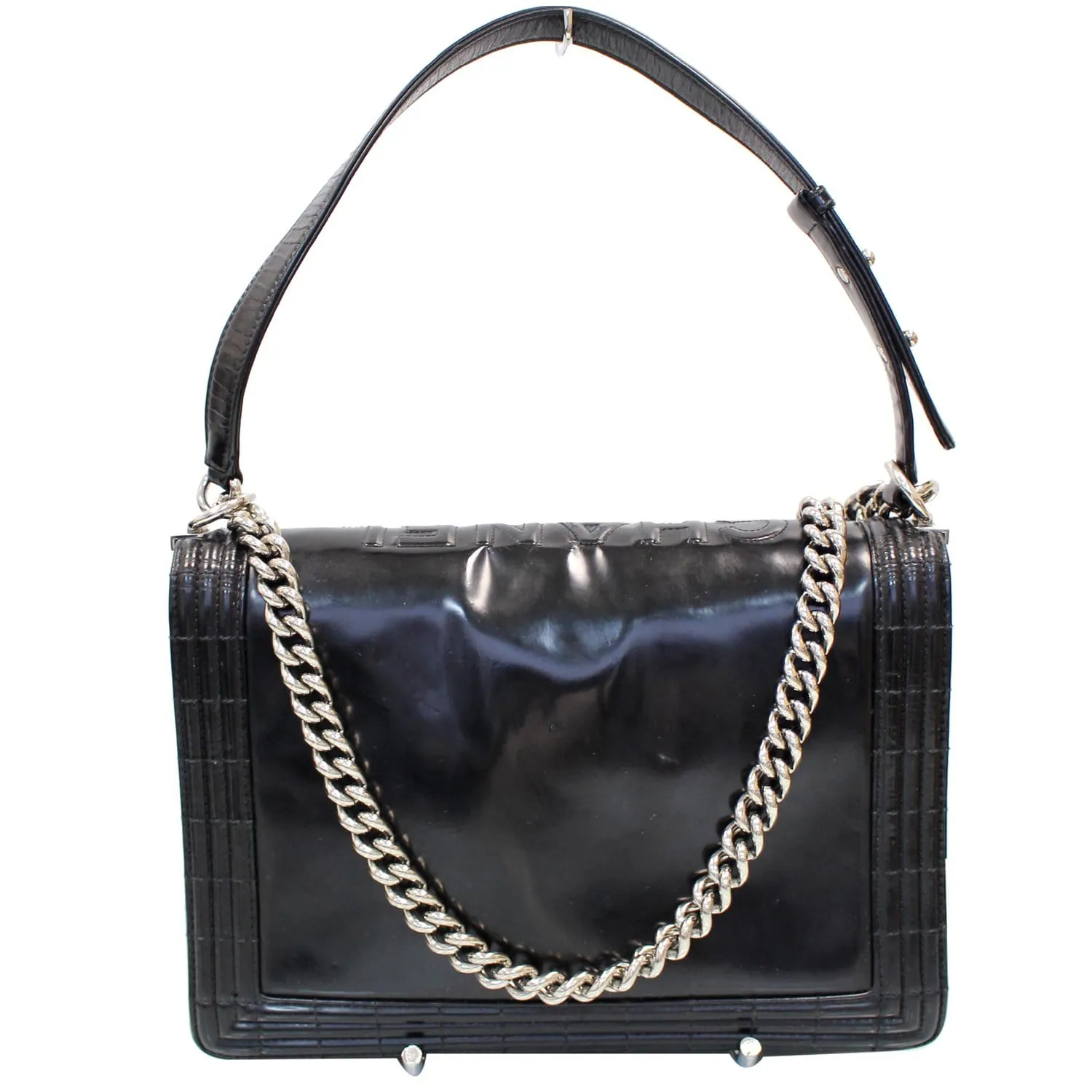 CHANEL Large Boy Glazed Calfskin Leather Shoulder Bag Black