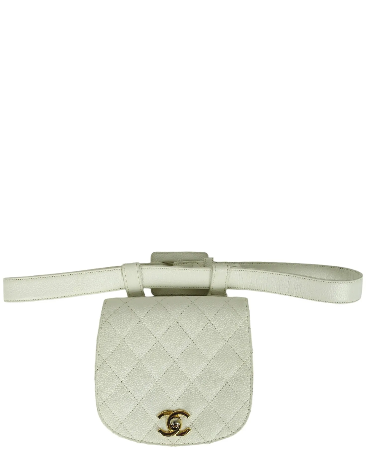 Chanel Vintage 1990s WhiteCaviar Leather Quilted Belt Bag sz 85/34"