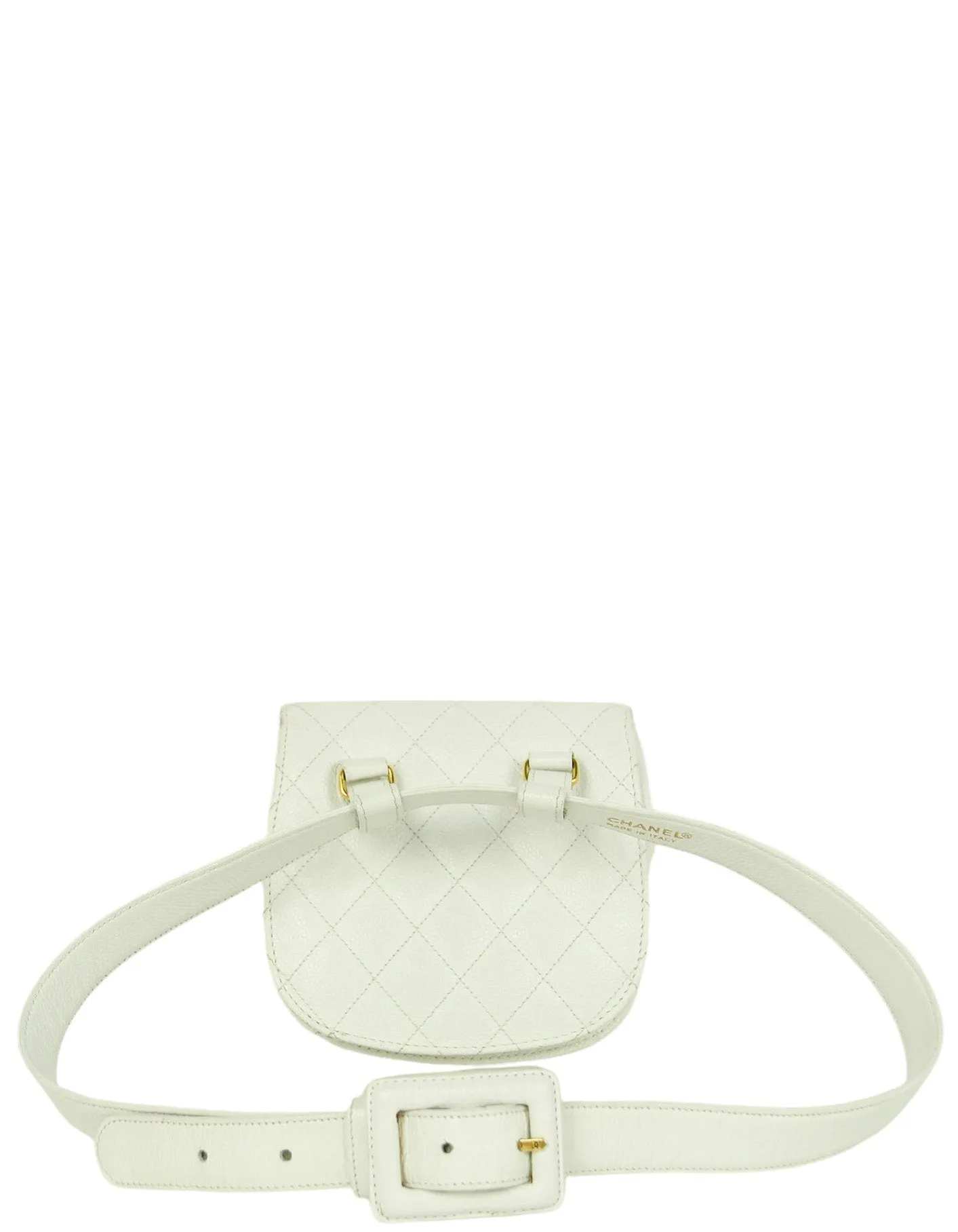 Chanel Vintage 1990s WhiteCaviar Leather Quilted Belt Bag sz 85/34"