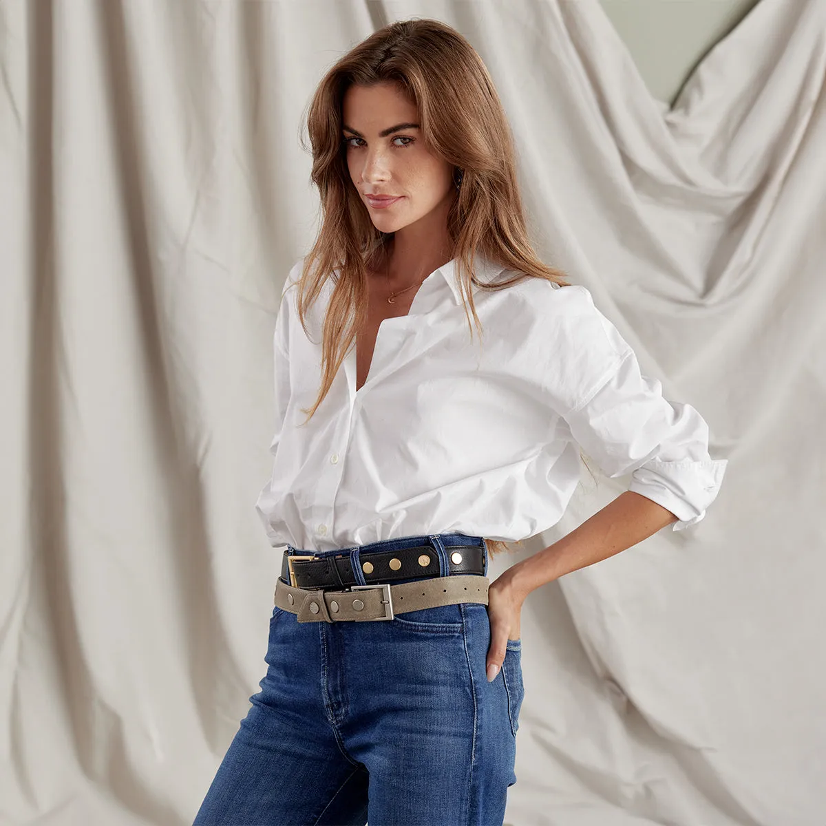Charlie Reversible Riveted Belt | Black/Pew/Brushed Silver | Med