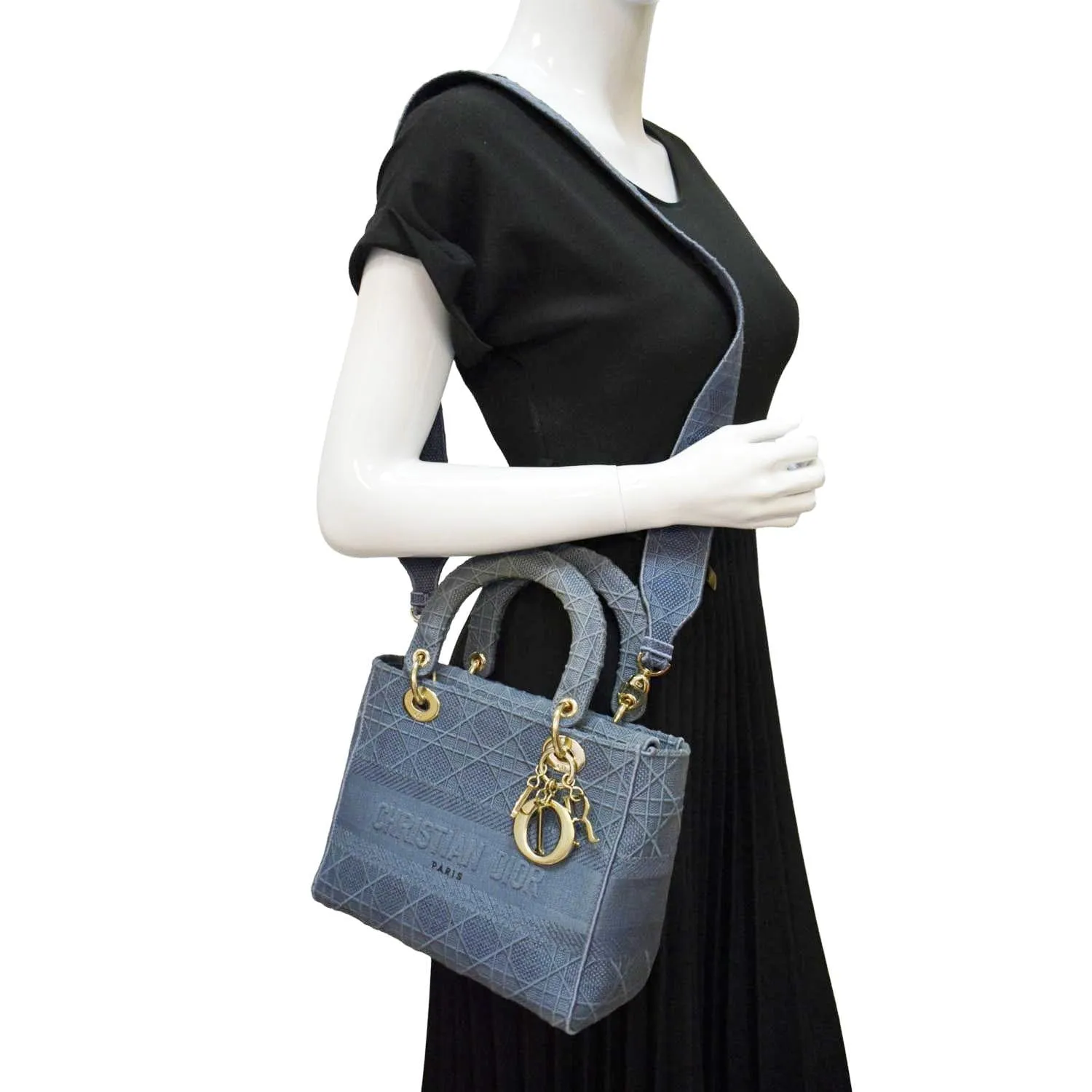 CHRISTIAN DIOR Lady D-Lite Embroidered Canvas Crossbody Bag Denim Blue