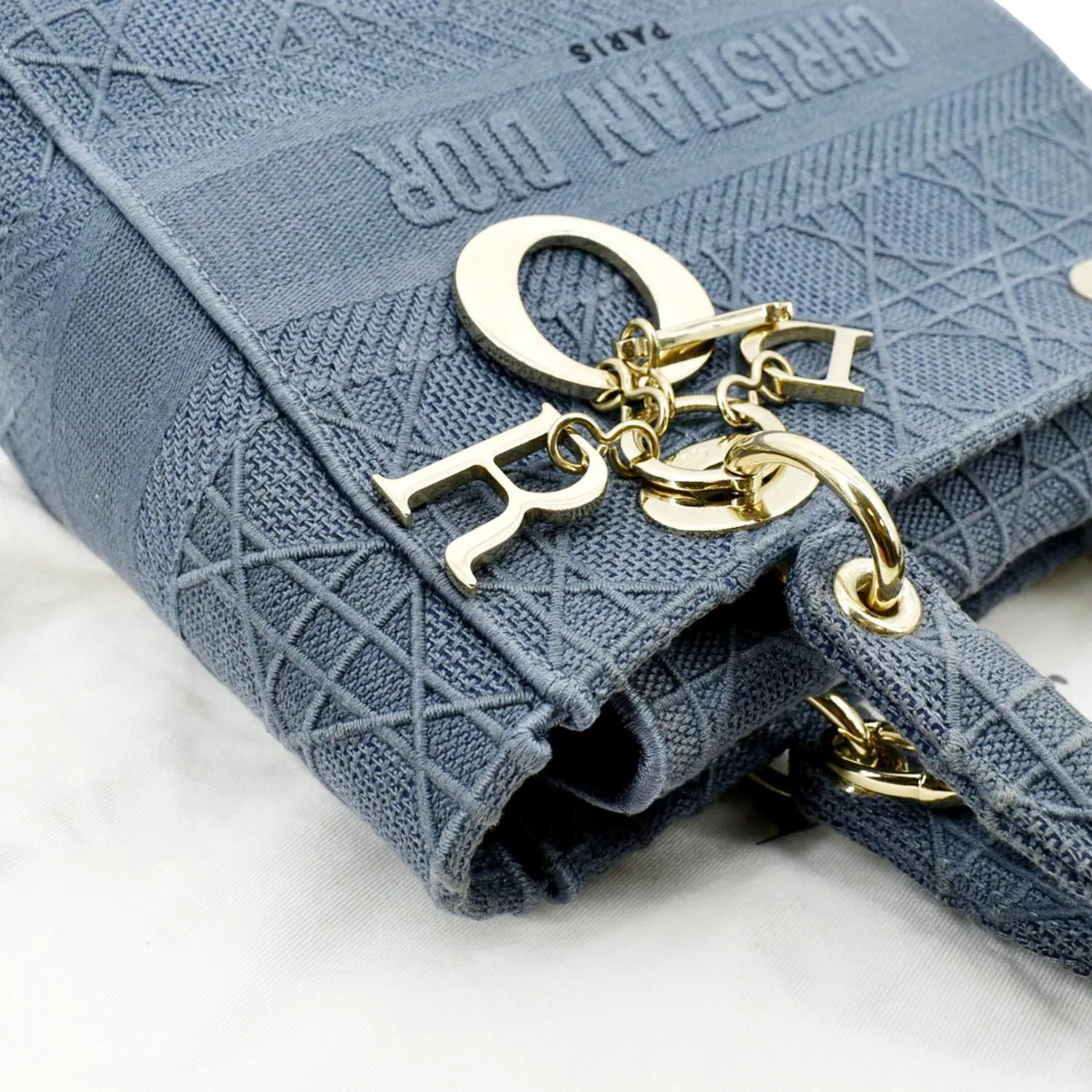 CHRISTIAN DIOR Lady D-Lite Embroidered Canvas Crossbody Bag Denim Blue