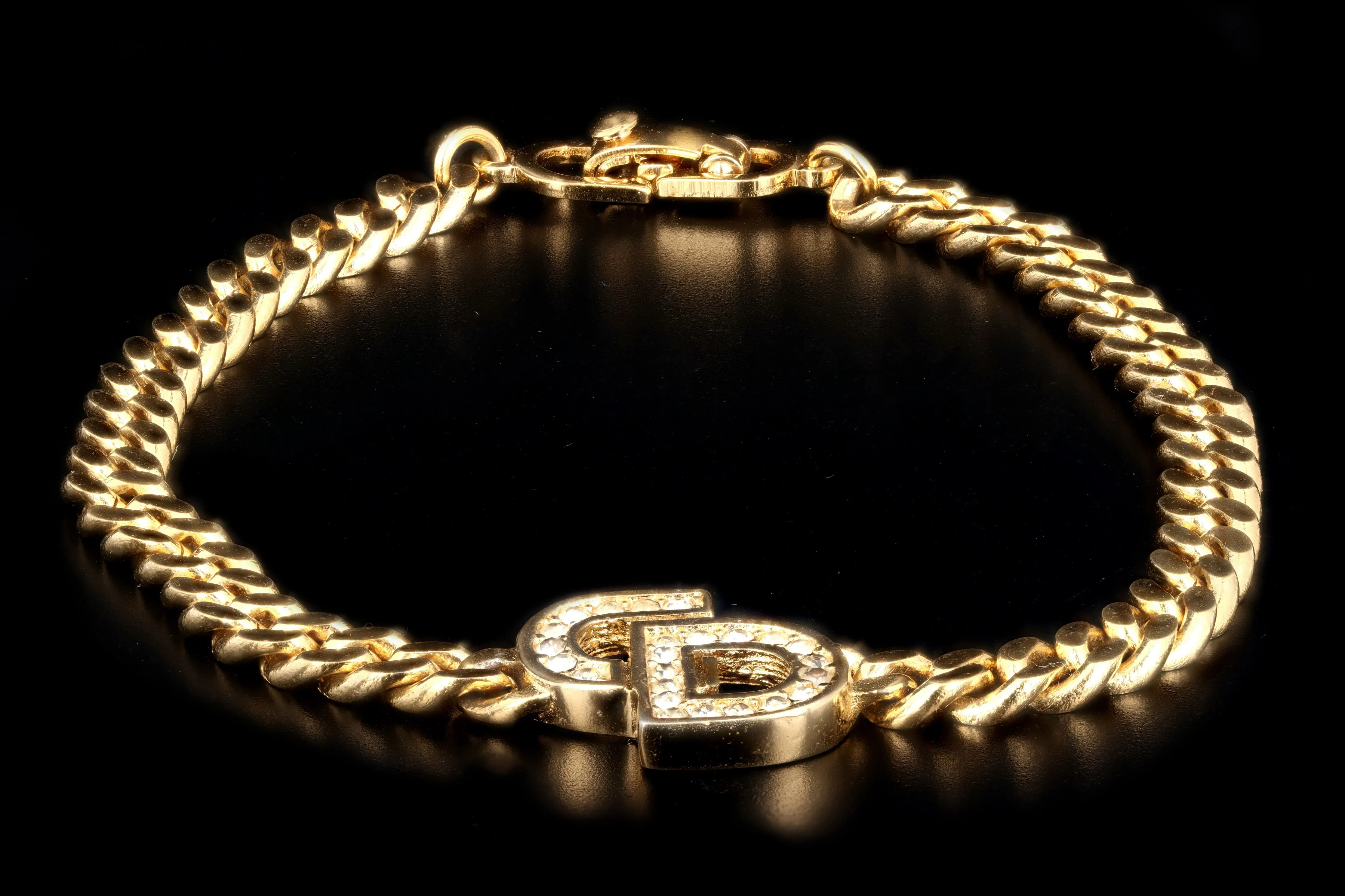 Christian Dior Rhinestone Logo Gold Plated Curb Link Bracelet
