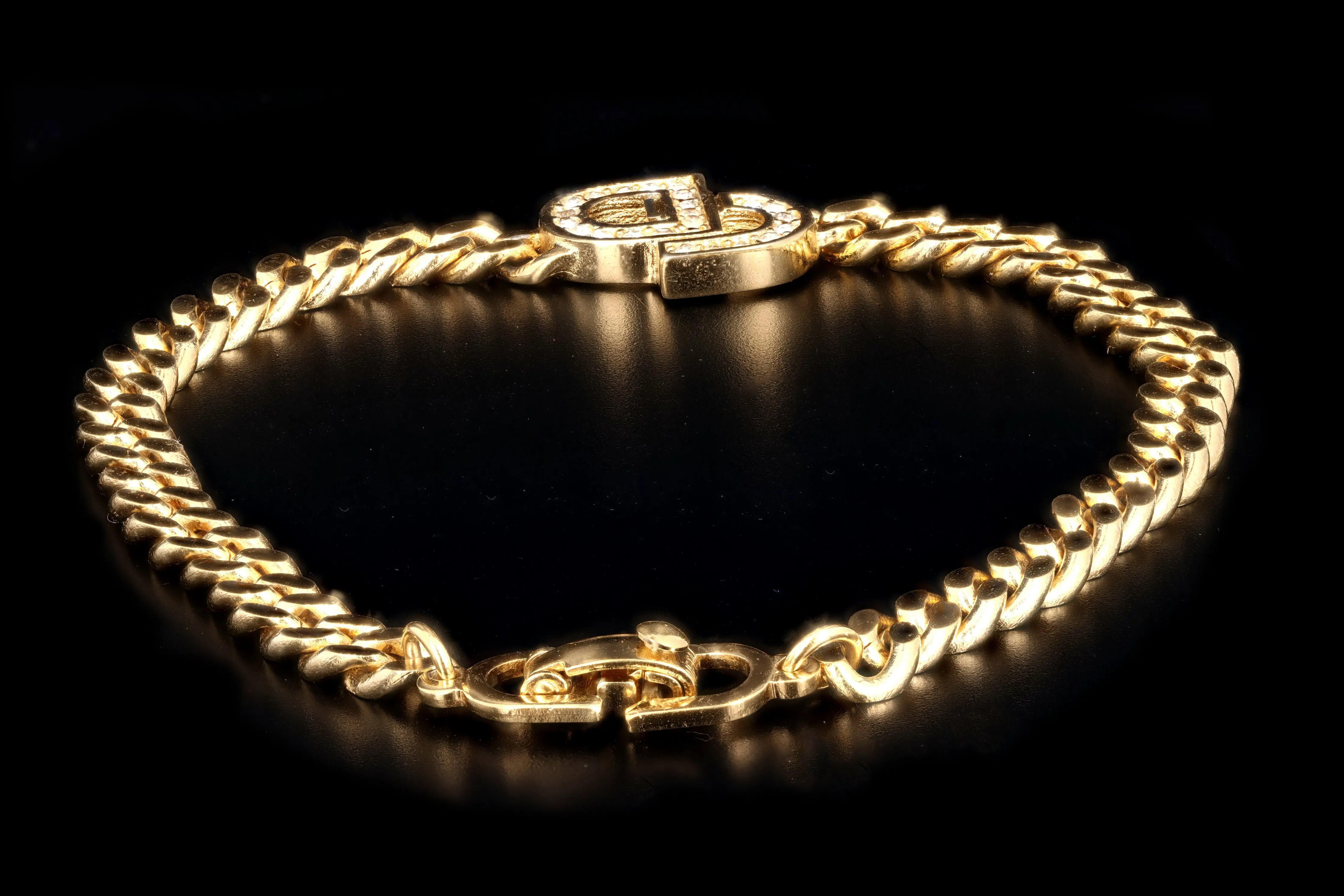 Christian Dior Rhinestone Logo Gold Plated Curb Link Bracelet