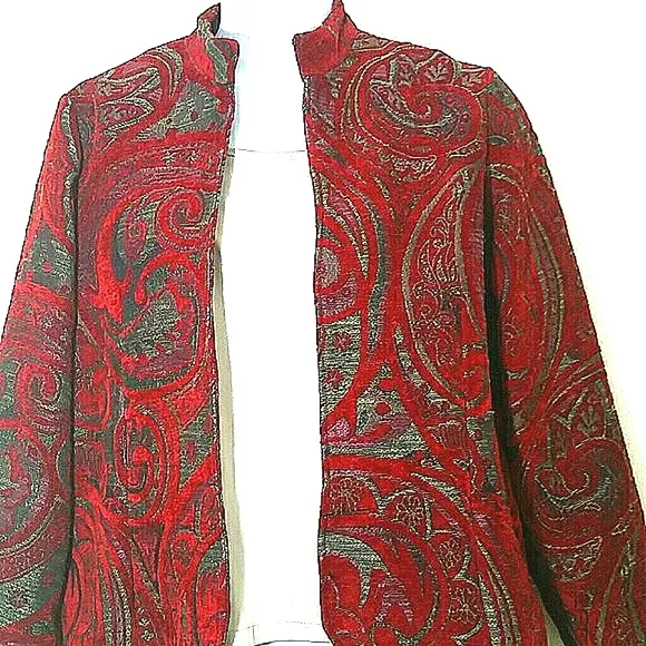 Coldwater Creek Blazer Suit jacket tapestry Red Burgandy Pink Gray Print Large