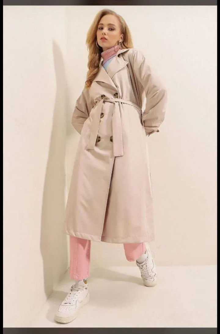 Dames Trenchcoat lang met knopen en touwriem | Crème