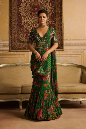 Dark Green Embroidered Blouse And Mermaid Saree Set