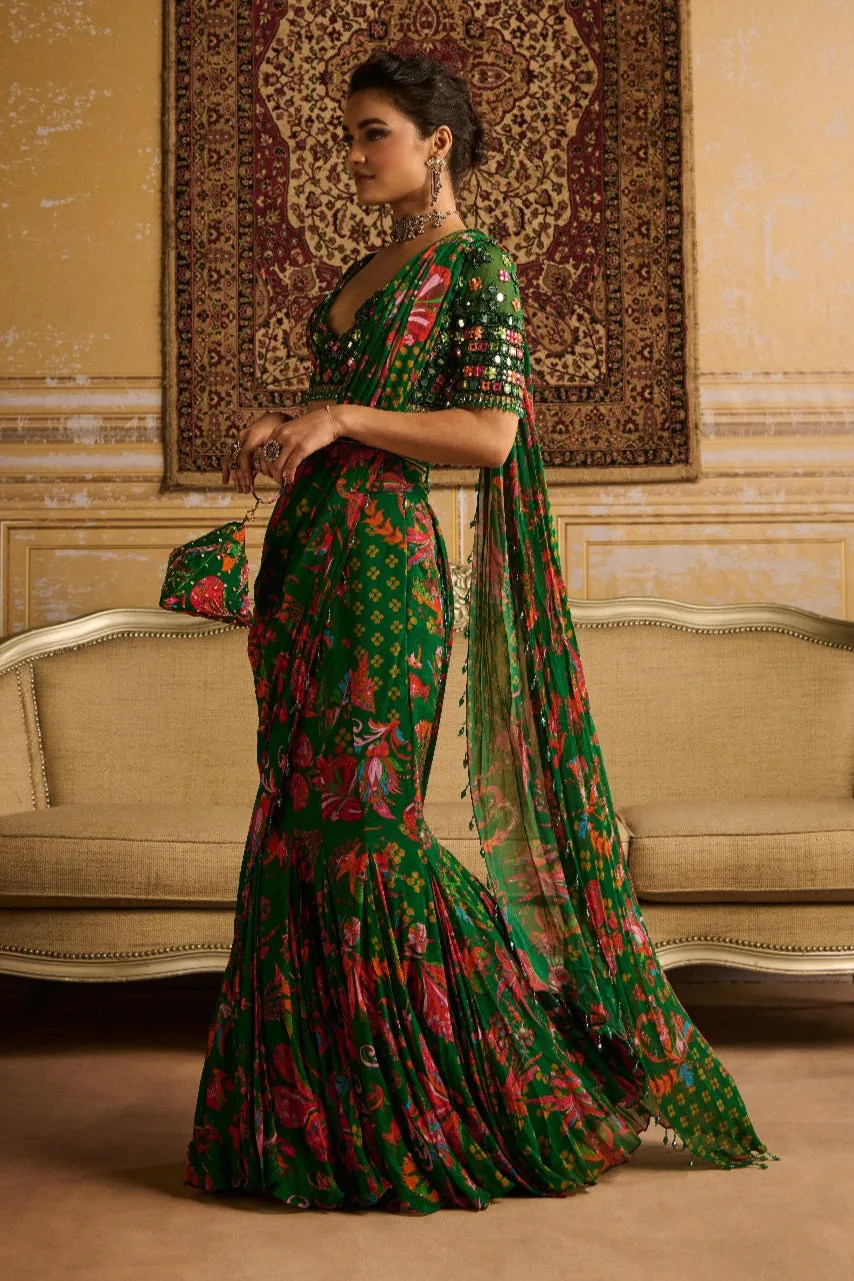 Dark Green Embroidered Blouse And Mermaid Saree Set