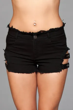 Denim Shorts With Belt Buckle Side Details and Faux Back Pockets - Medium