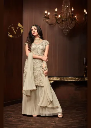Designer Cream Palazzo Embroidered Suit