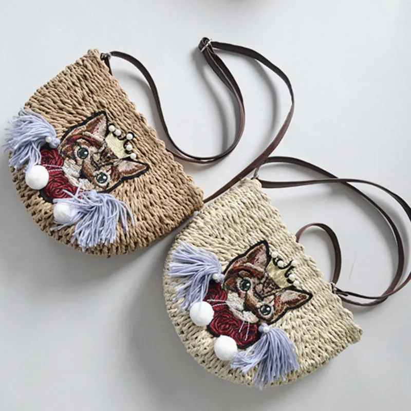 Diagonal Tassel Cat Beach Straw Bag