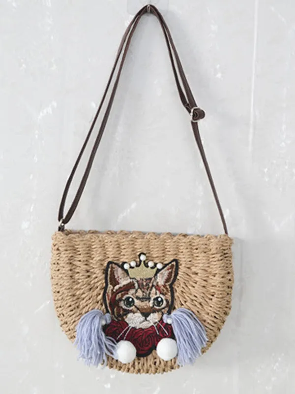 Diagonal Tassel Cat Beach Straw Bag